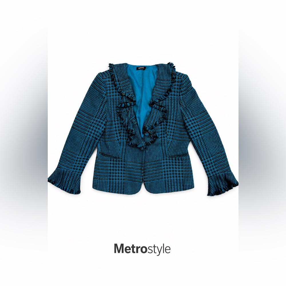 Metrostyle Teal Houndstooth Blazer with Ruffle Trim